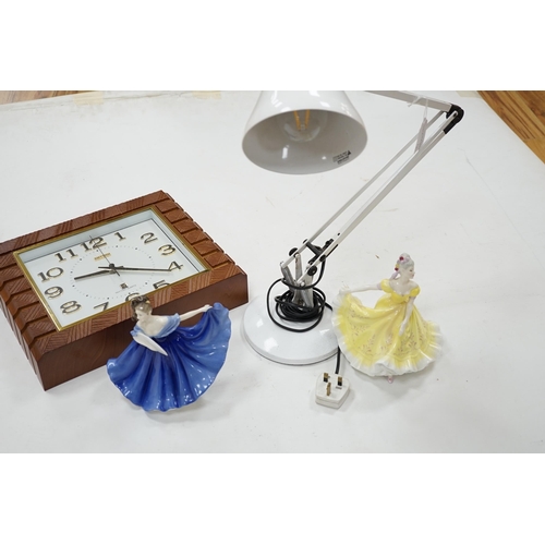 303 - An Art Deco style wall timepiece, an anglepoise lamp and two Doulton figurines