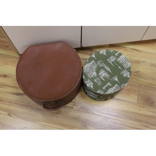 305 - A circular Harrods branded hat box and a larger gents brown leather hat box, Harrods box 36cm diamet... 