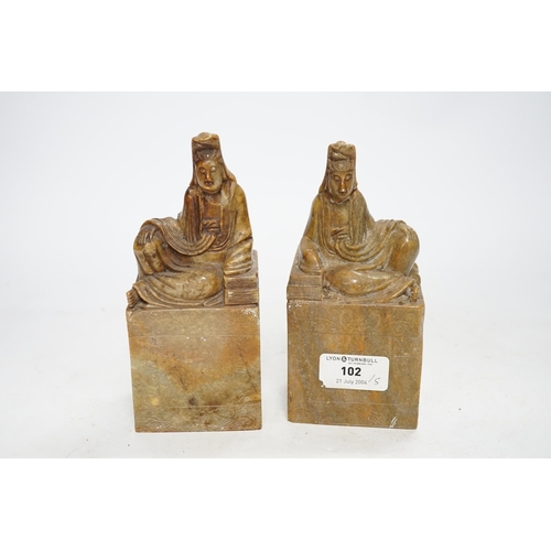 312 - A pair of large Chinese soapstone Guanyin seals, 16.5cm high