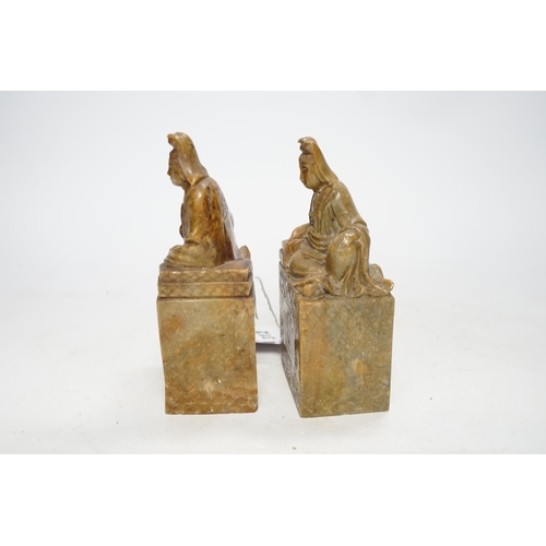 312 - A pair of large Chinese soapstone Guanyin seals, 16.5cm high