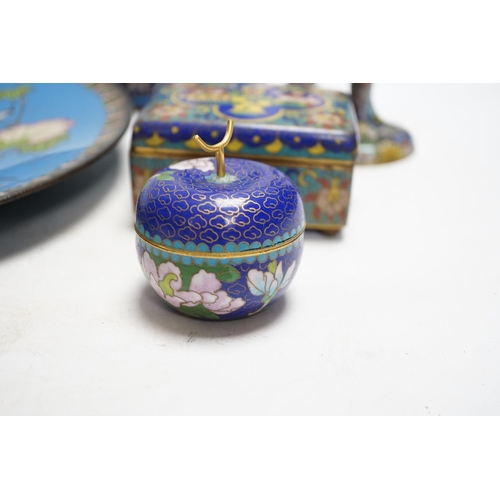 325 - Seven Chinese or Japanese cloisonné enamel items including a pair of candlesticks, 15cm high, a char... 