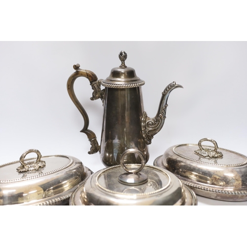 337 - Assorted plated wares including Christofle flatware, coffee  pot and three serving dishes.