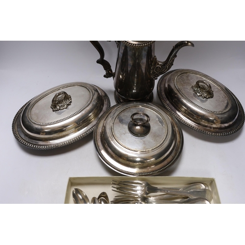 337 - Assorted plated wares including Christofle flatware, coffee  pot and three serving dishes.