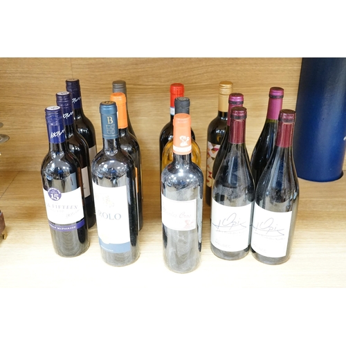 341 - A collection of eighteen bottles of wine together with a pewter bottle holder/pourer