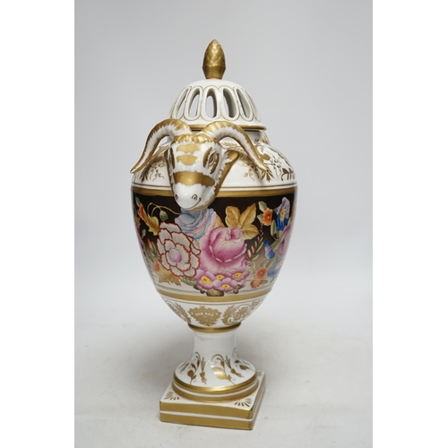 342 - A late 20th century rams head porcelain urn and cover, 38cm