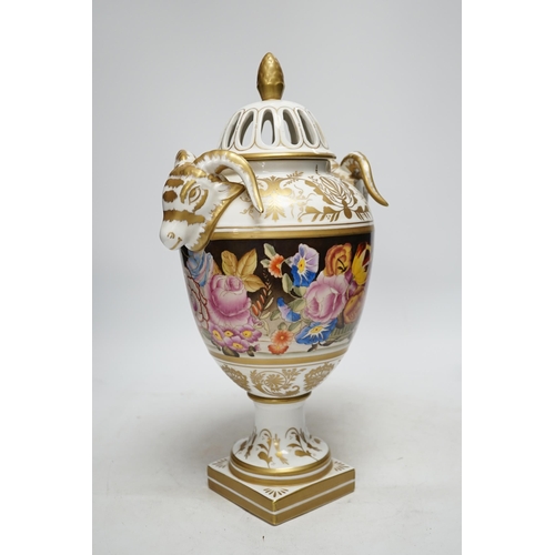 342 - A late 20th century rams head porcelain urn and cover, 38cm