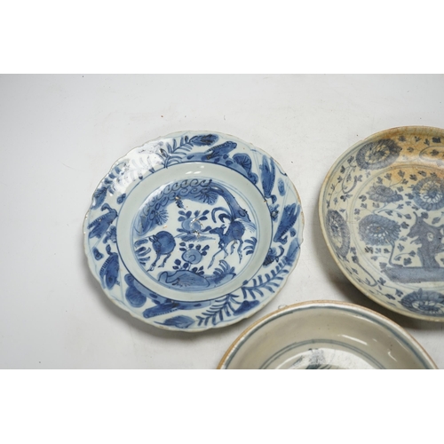 343 - Three Chinese late Ming blue and white dishes, largest 21cm