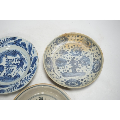 343 - Three Chinese late Ming blue and white dishes, largest 21cm