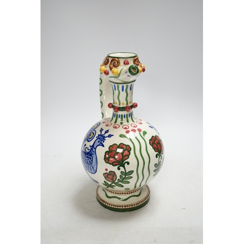 348 - A Zsolnay jug or ewer decorated with peacocks and flowers, stamped Zsolnay 830 and 07 to the base,... 