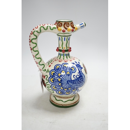 348 - A Zsolnay jug or ewer decorated with peacocks and flowers, stamped Zsolnay 830 and 07 to the base,... 