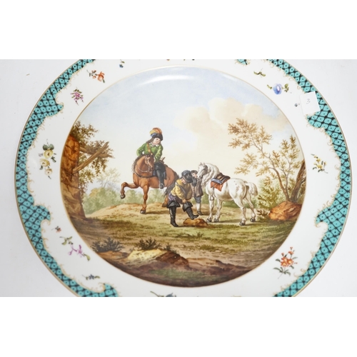 351 - A Meissen style dish decorated with a hunting party, 35.5cm diameter