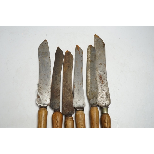 354 - Six Victorian wood handled bread knives, longest 35.5cm