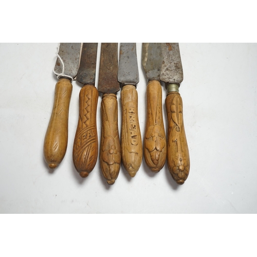 354 - Six Victorian wood handled bread knives, longest 35.5cm