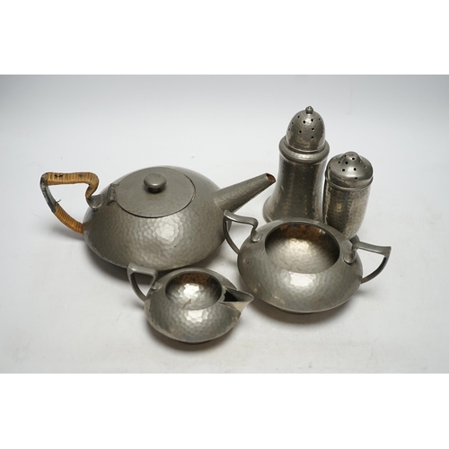 358 - A Hutton Sheffield English Pewter tea set comprising of a teapot, 8cm high, jug and sugar bowl, toge... 