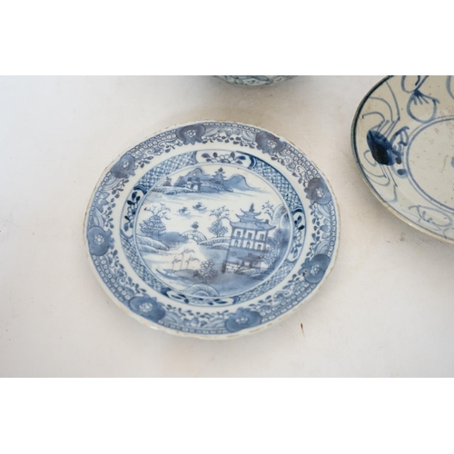 368 - A Chinese Ming blue and white bowl and two Qing dynasty dishes, largest 17cm diameter