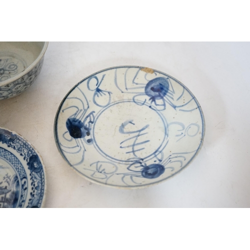 368 - A Chinese Ming blue and white bowl and two Qing dynasty dishes, largest 17cm diameter