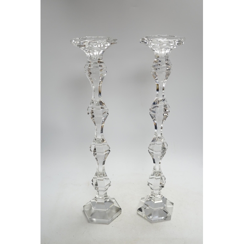 388 - A pair of boxed tall Kenneth Turner glass candlesticks, 45.5cm