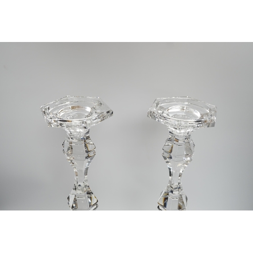 388 - A pair of boxed tall Kenneth Turner glass candlesticks, 45.5cm