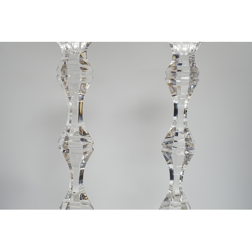 388 - A pair of boxed tall Kenneth Turner glass candlesticks, 45.5cm