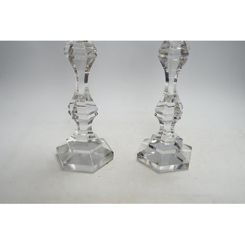 388 - A pair of boxed tall Kenneth Turner glass candlesticks, 45.5cm