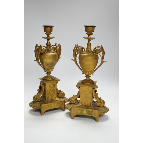 391 - A pair of 19th century French ornamental gilt metal candlesticks, possibly clock garnitures, 32.5cm ... 