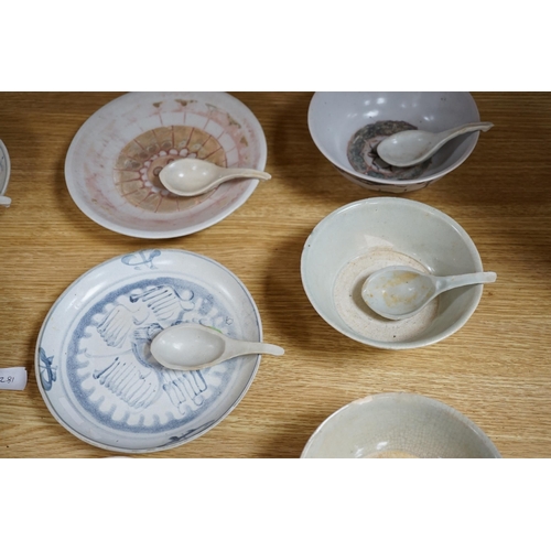 395 - A group of Chinese Tek Sing cargo wares, including blue and white or enamelled plates, bowls, spoons... 