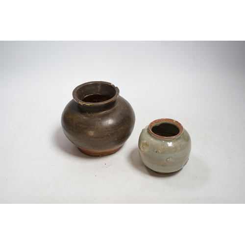 399 - A Chinese brown partially glazed jar and a celadon jar, Song Dynasty largest 13cm in diameter