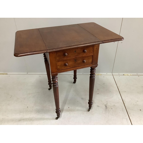 48 - An early Victorian mahogany drop flap work table, width 40cm, depth 50cm, height 74cm (a.f.)