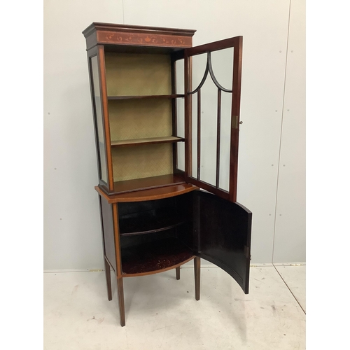 52 - An Edwardian inlaid mahogany bowfront display cabinet, width 66cm, depth 42cm, height 185cm