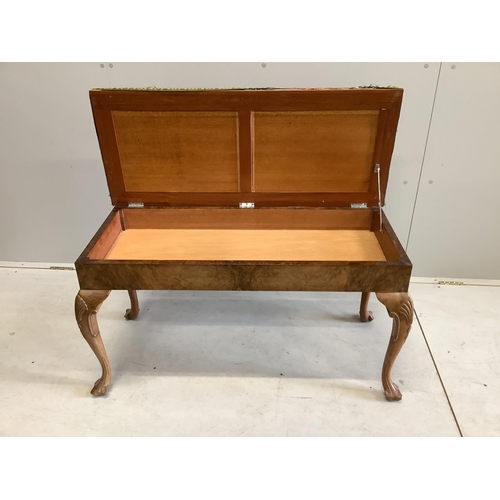 1004 - A Queen Anne revival walnut duet piano stool, with hinged box seat, width 93cm, depth 39cm, height 5... 