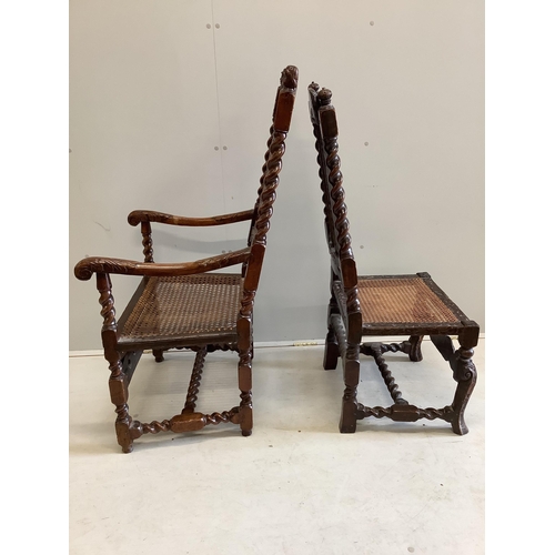 1025 - A Charles II walnut and canework open armchair and a similar side chair, larger width 60cm, depth 50... 