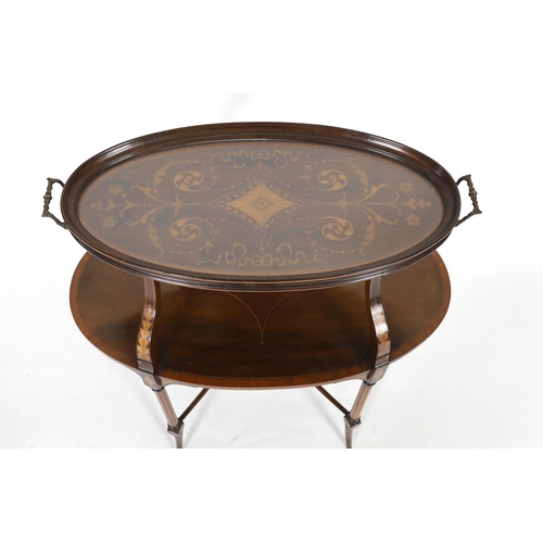 1047 - In the manner of Edwards and Roberts, an Edwardian marquetry inlaid mahogany tray top etagere, of ov... 