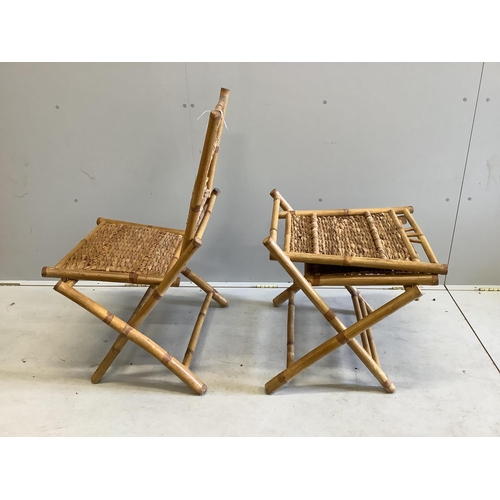 1076 - A pair of bamboo and woven seagrass folding chairs, width 59cm, depth 54cm, height 98cm