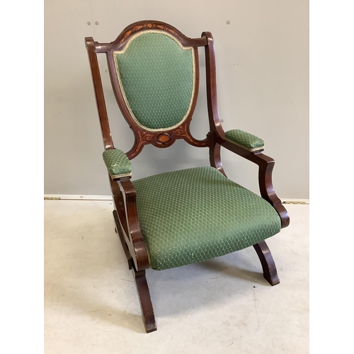 1088 - A Shoolbred Edwardian inlaid mahogany rocking chair, width 58cm, height 93cm