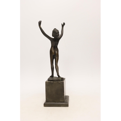 1379 - Remi Palmier (19th/20th. C), an Art Deco bronze of a nude lady, raised on square pedestal base, sign... 