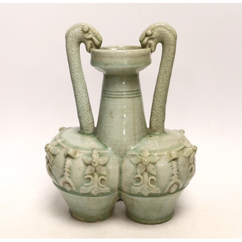 1380 - A Chinese celadon glazed conjoined vase, 25cm