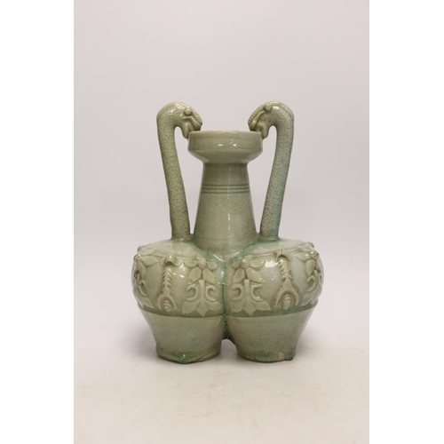 1380 - A Chinese celadon glazed conjoined vase, 25cm