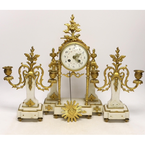 1384 - An early 20th century white marble and ormolu clock garniture with Arabic enamelled dial, 42cm high... 