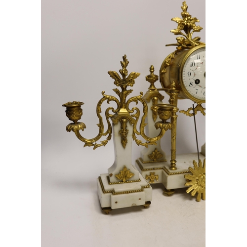 1384 - An early 20th century white marble and ormolu clock garniture with Arabic enamelled dial, 42cm high... 