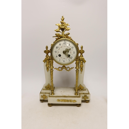 1384 - An early 20th century white marble and ormolu clock garniture with Arabic enamelled dial, 42cm high... 