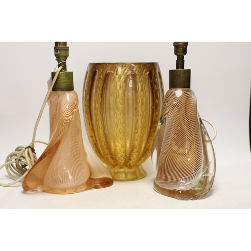 1387 - A glass gold flecked vase, a dish and a pair of lamps, largest 40cm