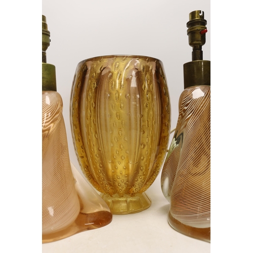 1387 - A glass gold flecked vase, a dish and a pair of lamps, largest 40cm