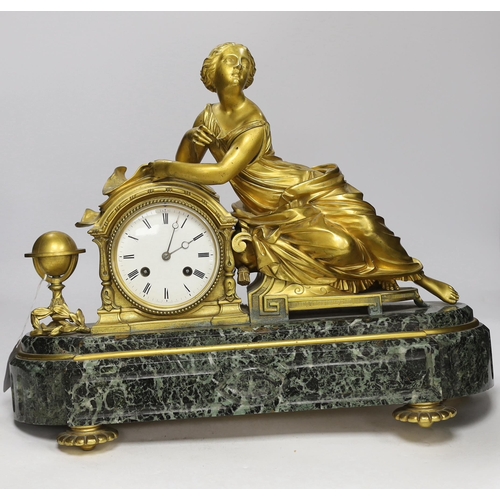 1396 - A late 19th century French ormolu and serpentine figural mantel clock, no key or pendulum, one foot ... 