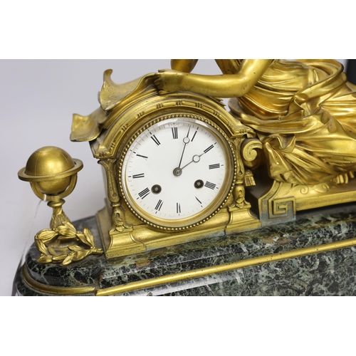 1396 - A late 19th century French ormolu and serpentine figural mantel clock, no key or pendulum, one foot ... 