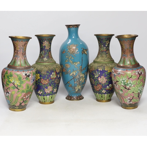 1397 - Two pairs of Chinese cloisonné enamel vases and a Japanese turquoise ground vase, 30cm high (5)... 