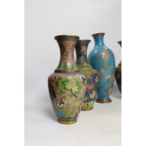 1397 - Two pairs of Chinese cloisonné enamel vases and a Japanese turquoise ground vase, 30cm high (5)... 