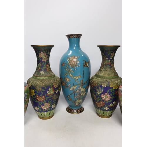 1397 - Two pairs of Chinese cloisonné enamel vases and a Japanese turquoise ground vase, 30cm high (5)... 