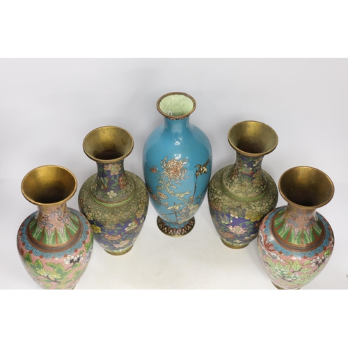 1397 - Two pairs of Chinese cloisonné enamel vases and a Japanese turquoise ground vase, 30cm high (5)... 