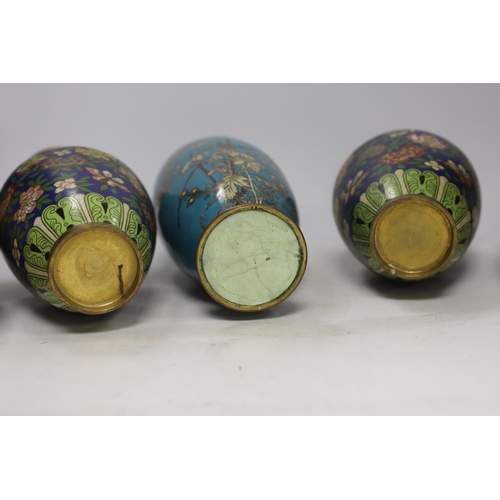 1397 - Two pairs of Chinese cloisonné enamel vases and a Japanese turquoise ground vase, 30cm high (5)... 