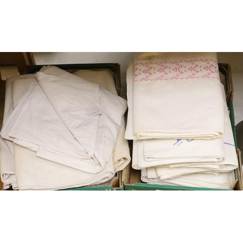 1403 - Fifteen French provincial monogrammed or embroidered linen and cotton sheets (2 boxes)